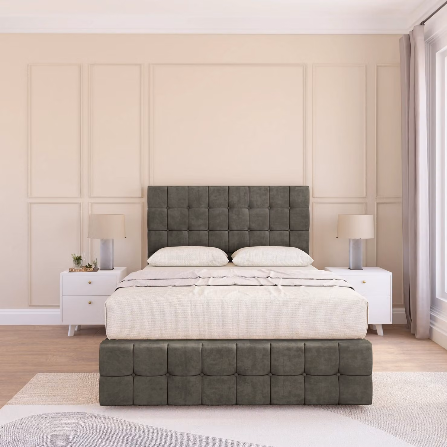 Sloomy Berlin Chesterfield Divan Bed Base in Grey Velvet, W/D/H: 120 x 200 cm