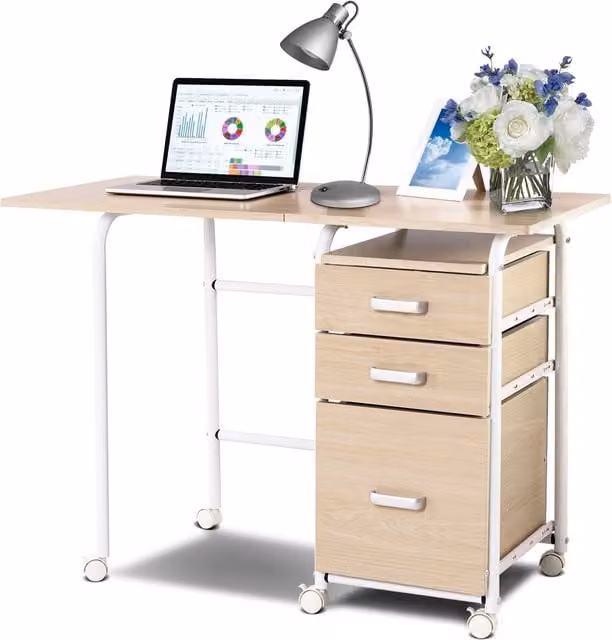 Gymax Folding Office Desk with 3 Drawers and Castors in Beige