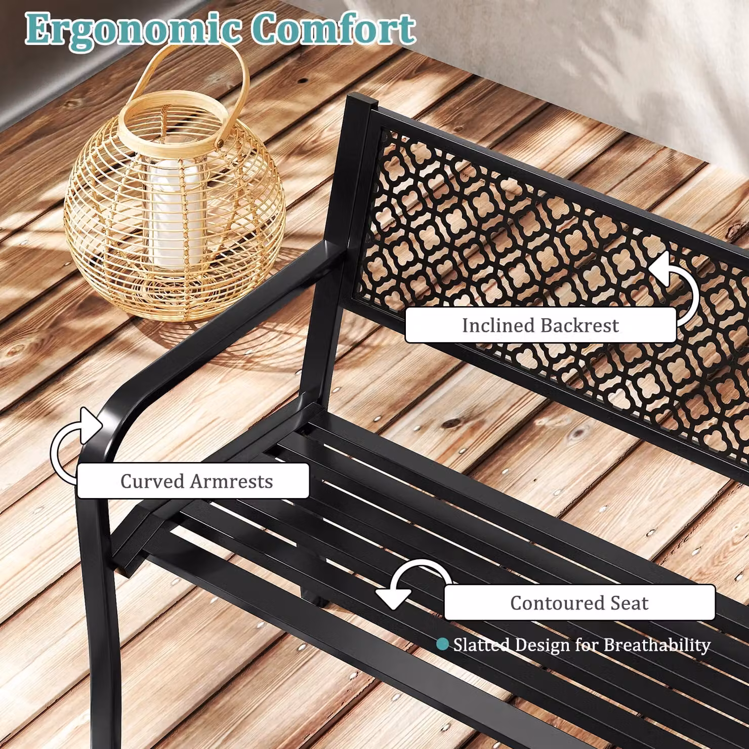 Costway 50 Inch Modern Geometric Metal Outdoor Garden Bench in Matt Black – 5