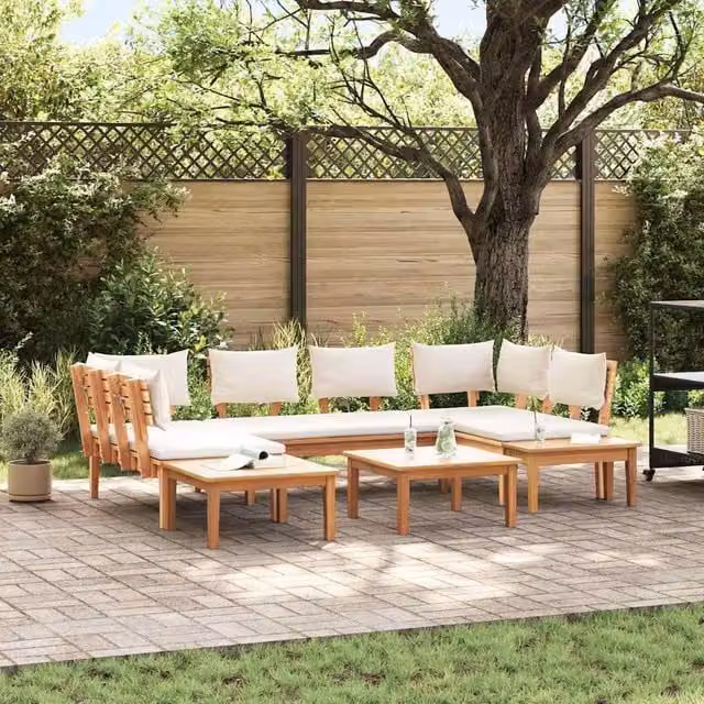 Berkfield Home 4 Piece L-Shape Garden Bench Set with Brown Cushions in Solid Teak Wood – 1