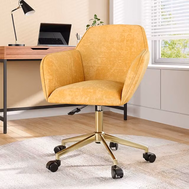 Livingandhome Yellow Velvet Upholstered Swivel Task Chair with Gold Metal Base