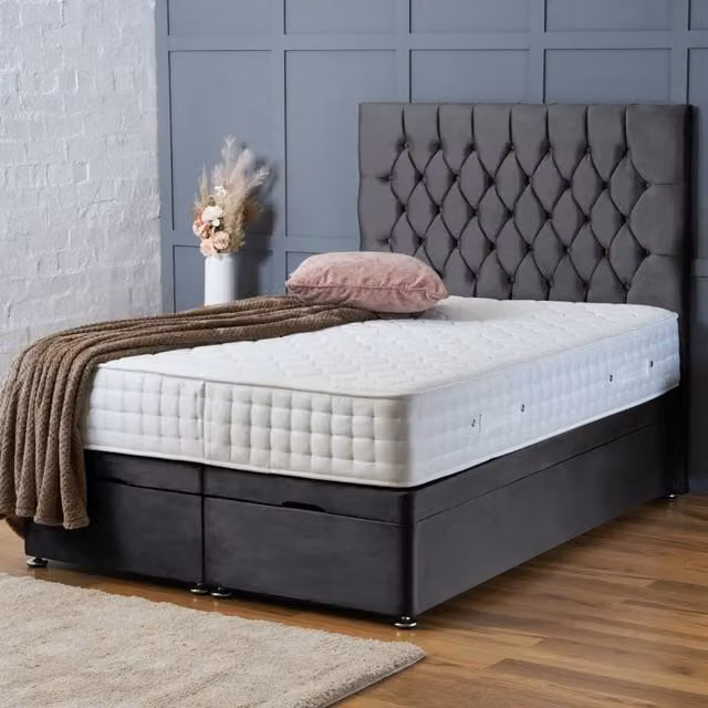 BSSPOKE Mia Ottoman Divan Bed with 54 inch Headboard and Mattress in Charcoal Grey Plush Velvet, W/D/H: 140 x 200 cm