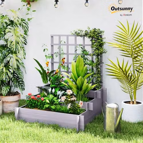 Outsunny 3 Tier Wooden Raised Garden Bed with Trellis for Climbing Plants, Grey – 2