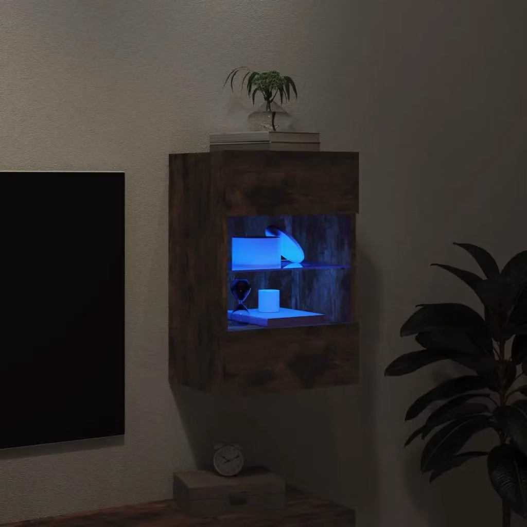 Berkfield Home Modern Wall-Mounted TV Cabinet with Integrated LED Lights in Smoked Oak Brown, W: 60.5 cm, H: 40 cm, D: 30 cm – 3