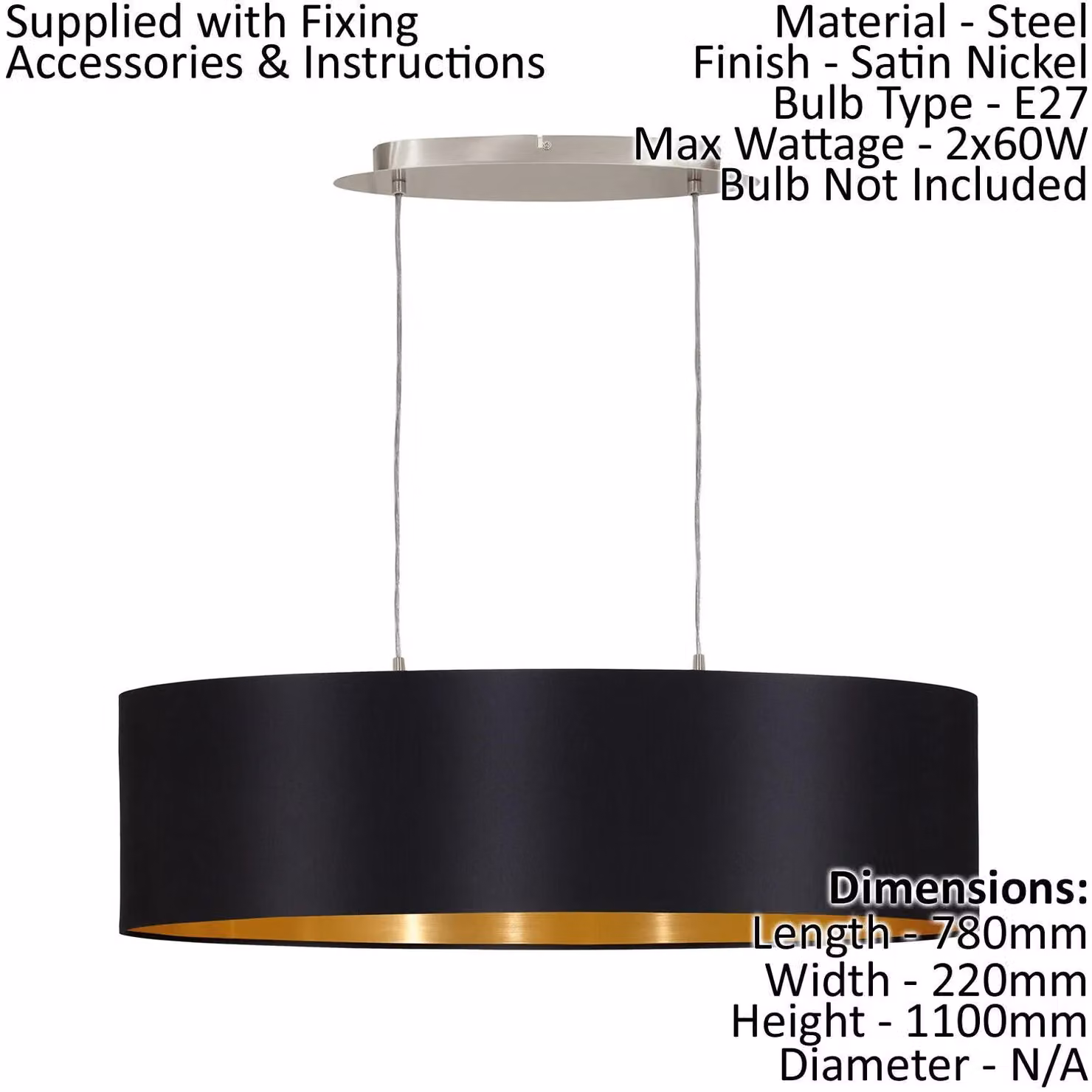 Loops Pendant Light in Black and Gold with Fabric Shade and E27 Bulb Holder – 2