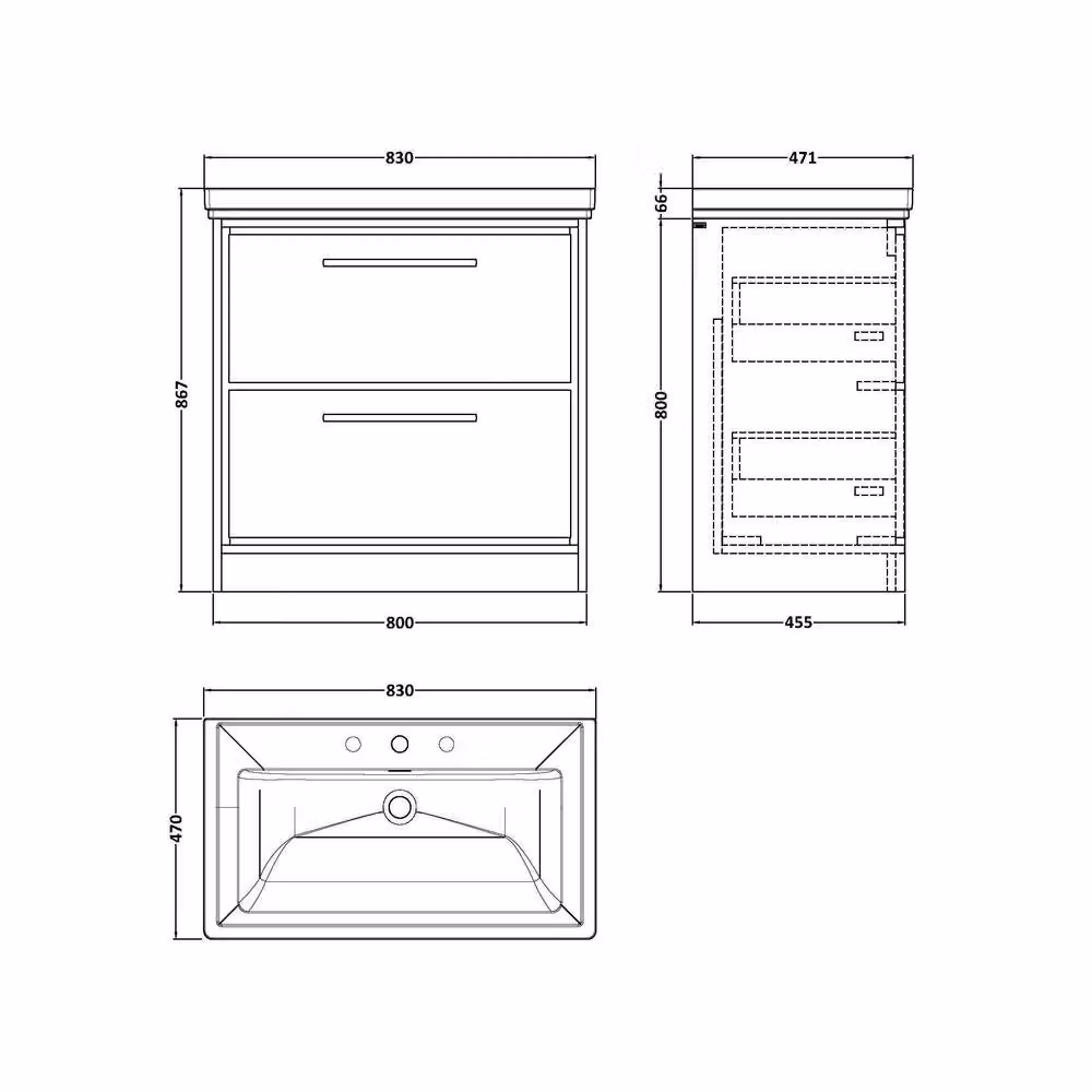 Balterley Longnor 2 Drawer Floor Standing Vanity Basin Unit in Antique Oak Brown, Width: 80 cm – 2