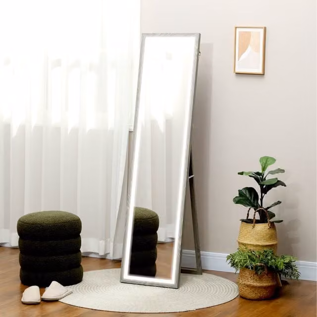 HOMCOM Full Length Rectangular Mirror with Dimmable LED Lights and Grey Wood Frame for Bedroom