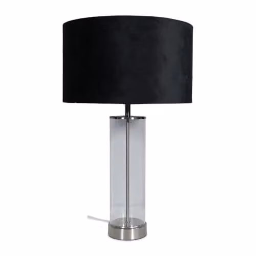 ValueLights Balan Glass and Brushed Chrome Table Lamp with Black Fabric Drum Shade and LED Bulb – 1