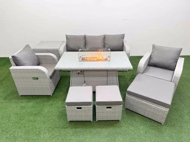 Fimous PE Rattan Garden Furniture Set in Light Grey with Reclining Chairs, Sofa, Firepit, Dining Table, Side Table and 3 Stools