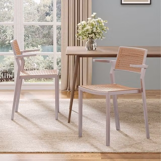 Livingandhome Set of 4 Modern Stackable Rattan Dining Chairs with Armrests in Grey and Brown
