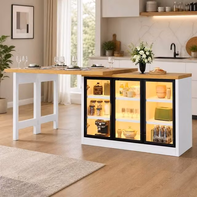 STILVORA Extendable Sideboard Dining Table with LED Lights in White and Transparent Glass, W/D/H: 120 x 120 x 75.5 cm – 1