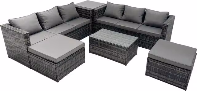 Fimous 8-Seater Patio Coffee Table Sofa Set with Side Table and 2 Big Footstools in Dark Grey – 1