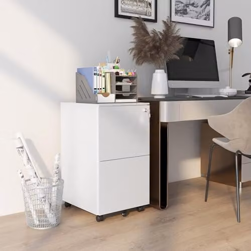 Vinsetto 2-Drawer Lockable Metal Filing Cabinet with Castors, White, W/D/H: 43.5 x 37.0 x 67.5 cm – 2