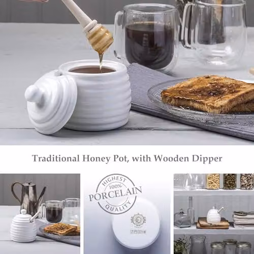 WM Bartleet & Sons 1750 Traditional Porcelain Honey Pot with Beech Wood Dipper, White – 2