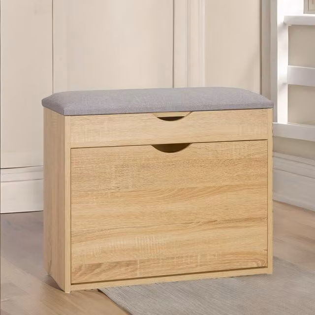 Pirlo Plush Shoe Storage Bench with Cushioned Seat and Hidden Storage in Natural Sand