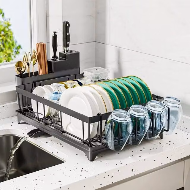 Havendro Dish Drainer Rack with Cutlery and Cup Holder in Black – 1