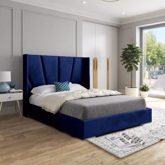 KDMD Glemsford Small Double Upholstered Designer Bed Frame in Blue Soft Velvet, W/D/H: 120 x 137 x 128 cm – 1