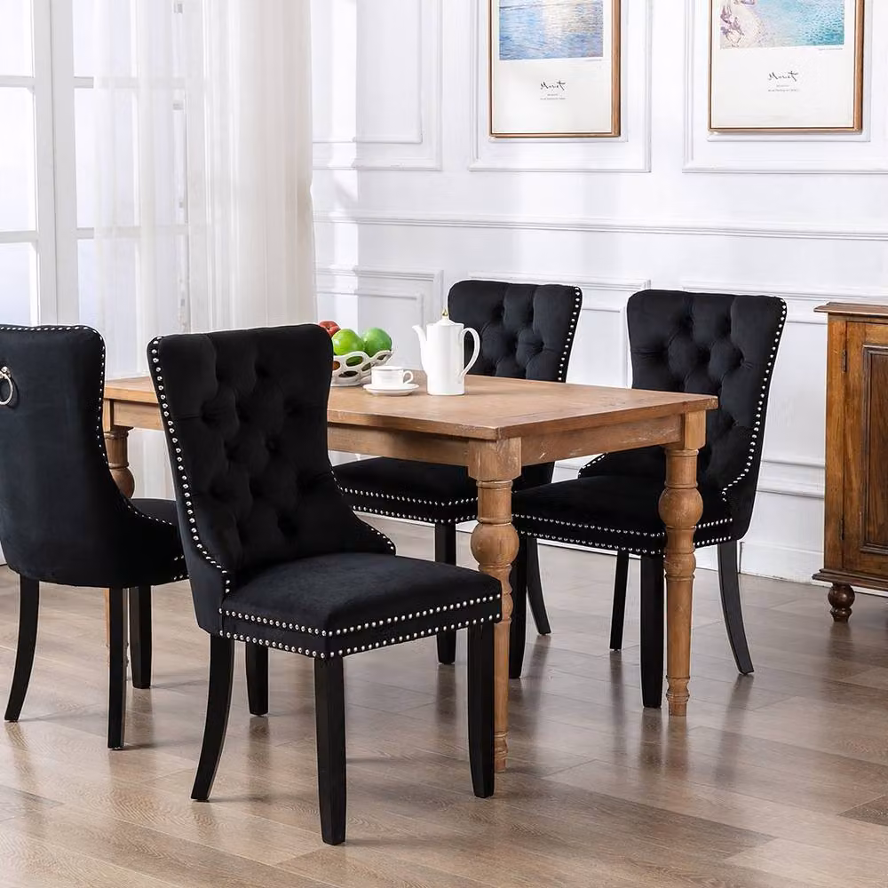 Modern Home Touch Romsey Set of 2 Black Velvet Upholstered Dining Chairs with Oak Legs and Knocker Ring Back – 3