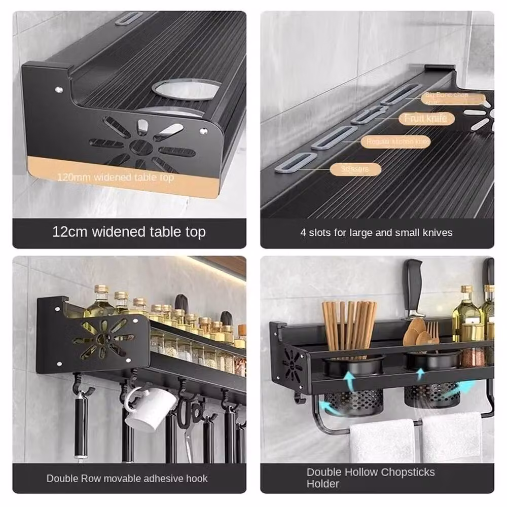 VOGREX Black Carbon Steel Wall Mounted Kitchen Storage Rack with Hooks – 6