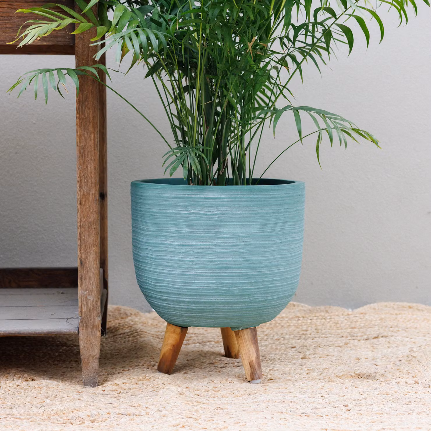 Primrose Blue Round Textured Patio Planter with Wooden Legs, Diameter: 30 cm – 2