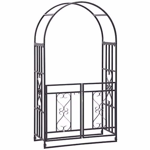 Outsunny Metal Garden Arch with Double Gates and Trellis for Climbing Plants, Grey, H: 206 cm, W: 114 cm, D: 50 cm – 1