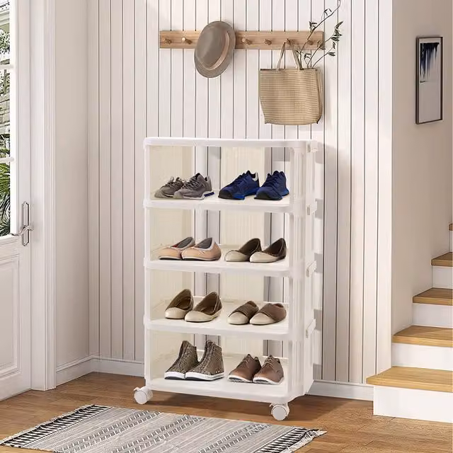 Livingandhome 5-Tier White Plastic Rolling Shoe Rack