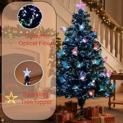 Shatchi 150 cm Green Fibre Optic Christmas Tree with Multicolour LED Butterfly Decorations and Star Topper – 8