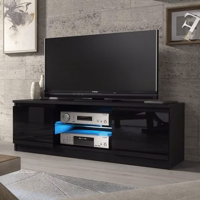 Mex Furniture LTD Modern Glossy Black TV Unit with LED Lighting, W: 120 cm, D: 40 cm, H: 38 cm