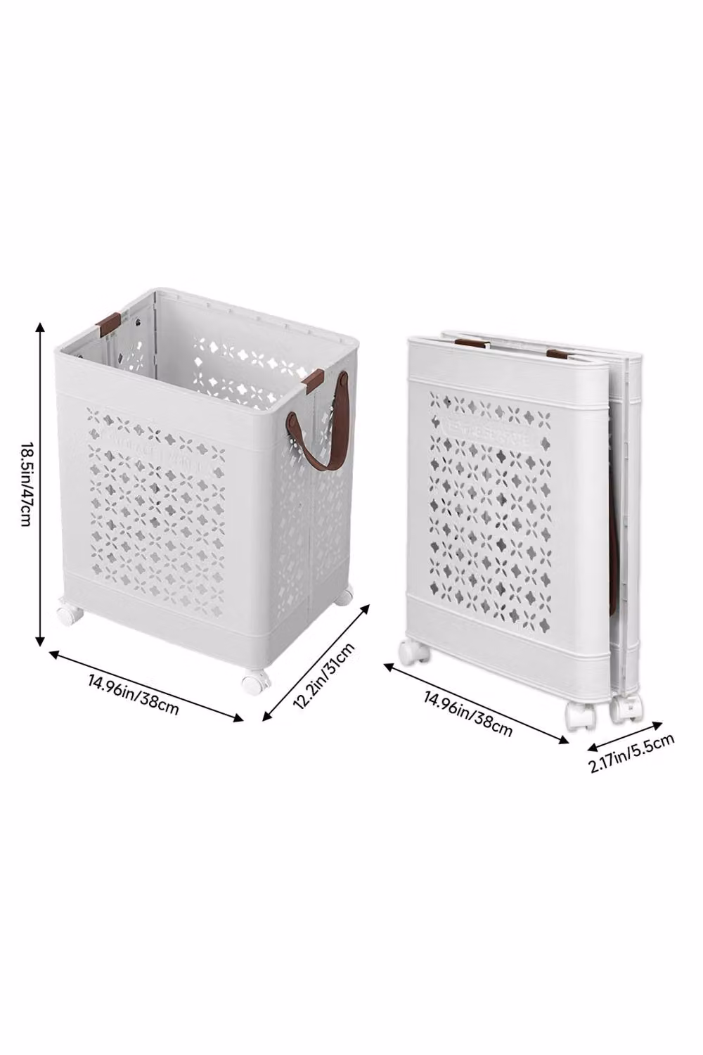 Living and Home Collapsible Plastic Laundry Basket with Wheels and Handles in White – 3