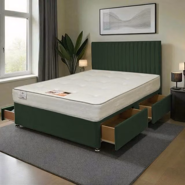 Knight Sleep Emily Plush Bed Set with Princess Hybrid Mattress and Floorstanding Headboard in Green Velvet with Drawers, W/D/H: 180 x 200 cm