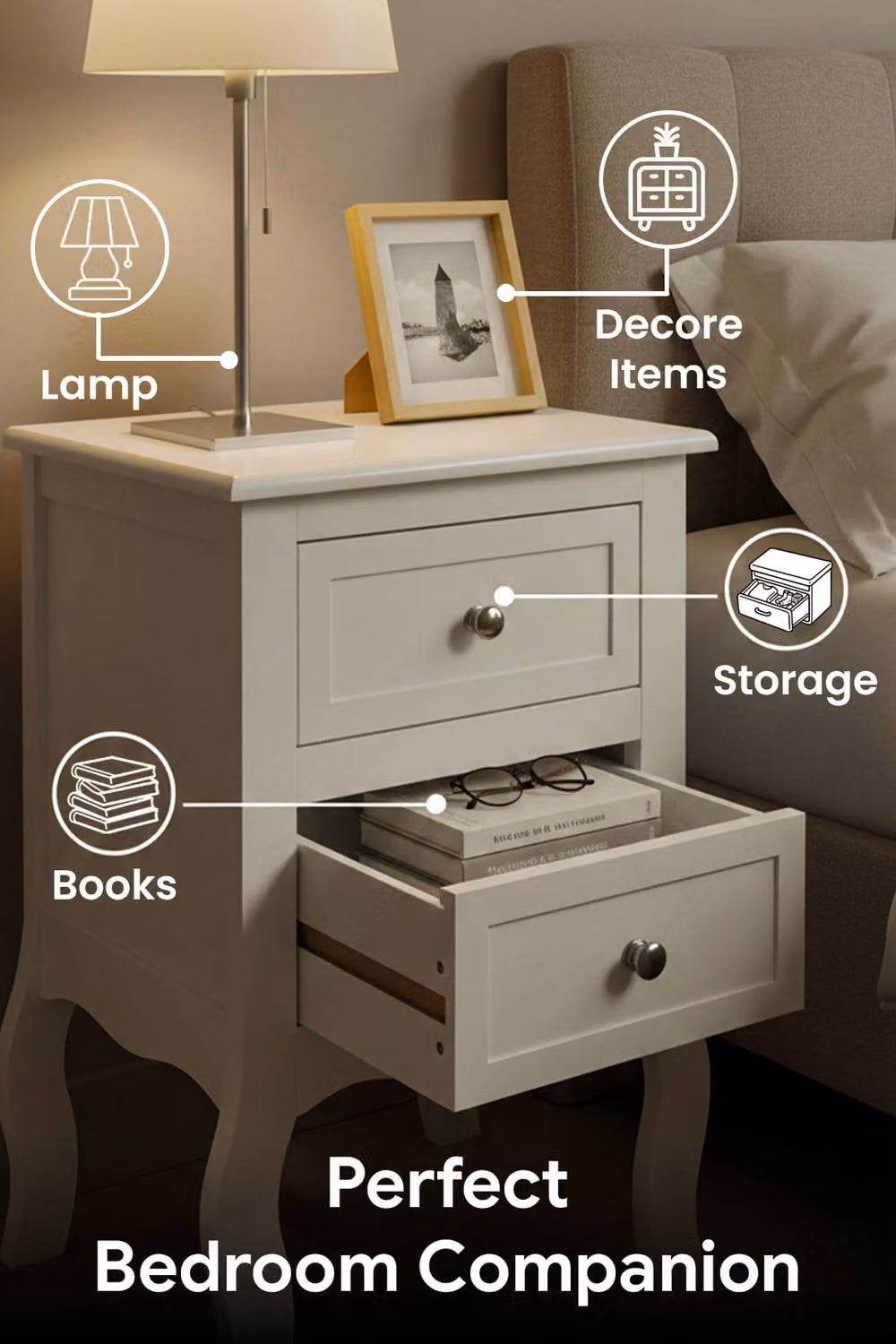 HYGRAD Set of 2 White Wooden Bedside Tables with 2 Drawers – 3