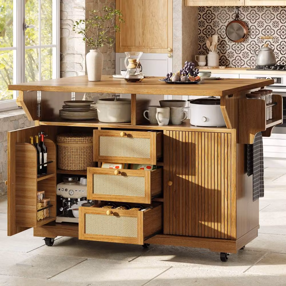 Rolipo Foldable Kitchen Trolley, 95 cm Ergonomic Serving Cart in Brown Wood and Rattan – 2