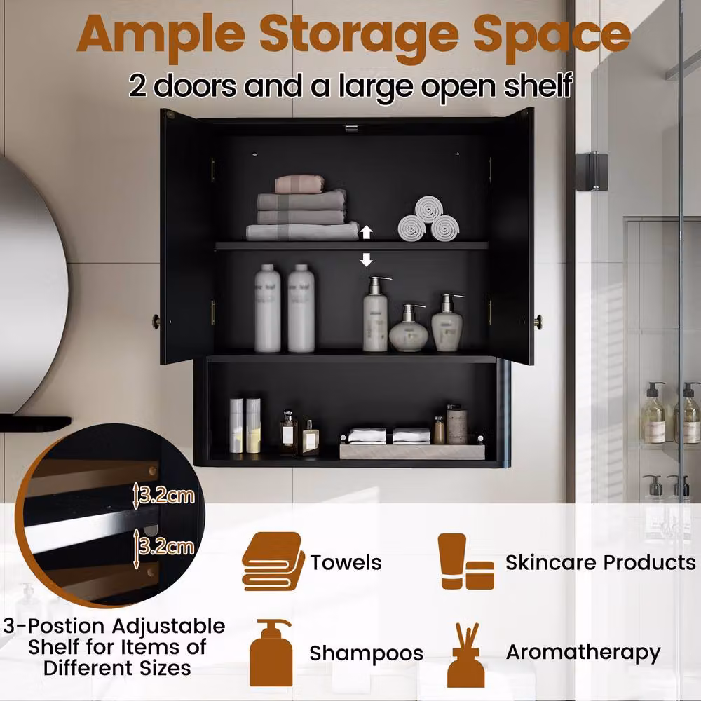 Costway Modern Fluted Black Wall Mounted Double Door Bathroom and Kitchen Cabinet with Internal Shelves – 7