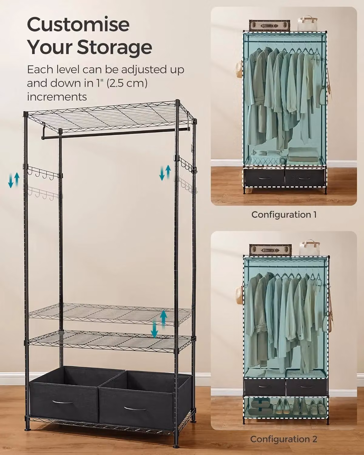 SONGMICS Heavy Duty Metal Garment Rack with Mesh Shelf and 2 Fabric Drawers in Matt Black – 3