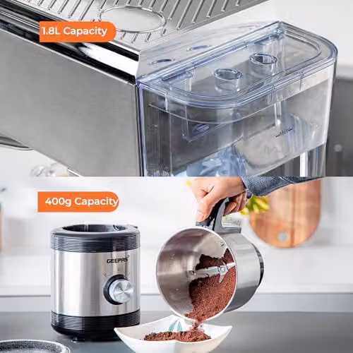 Geepas Espresso and Cappuccino Coffee Machine with Integrated 450W Coffee Grinder Set in Silver and Black – 5