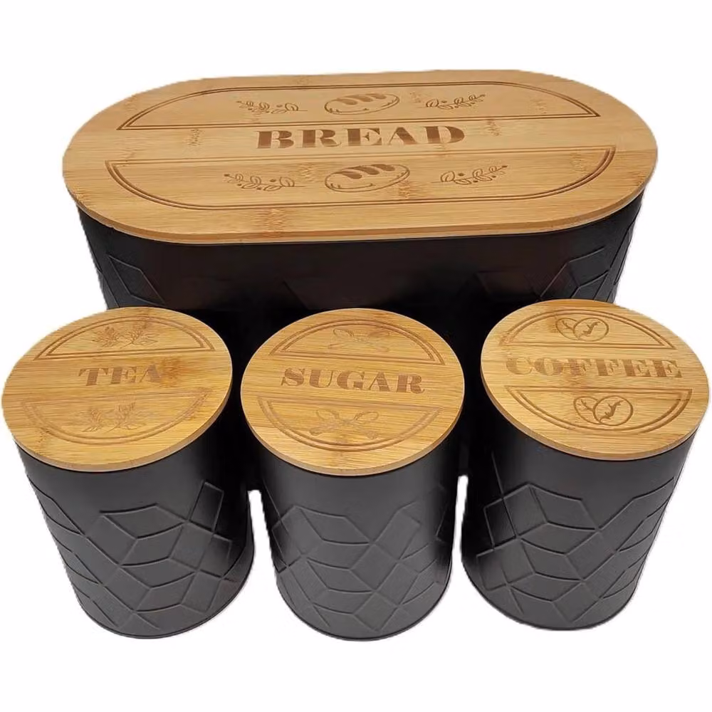 FLAVORA 4-Piece Airtight Bread Bin and Tea, Coffee and Sugar Canister Set in Black – 4