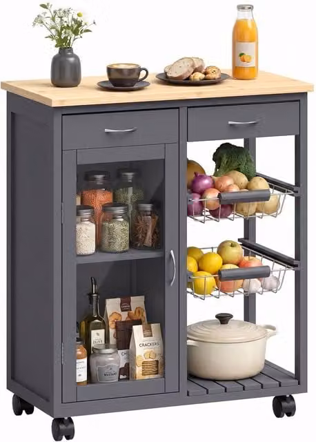 HOMCOM Grey Bamboo Kitchen Island with Glass Door and Metal Wire Baskets