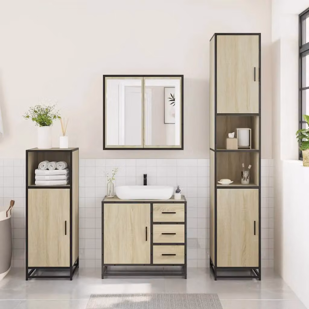 Berkfield Home 3 Piece Industrial Bathroom Furniture Set in Brown Sonoma Oak Engineered Wood – 3