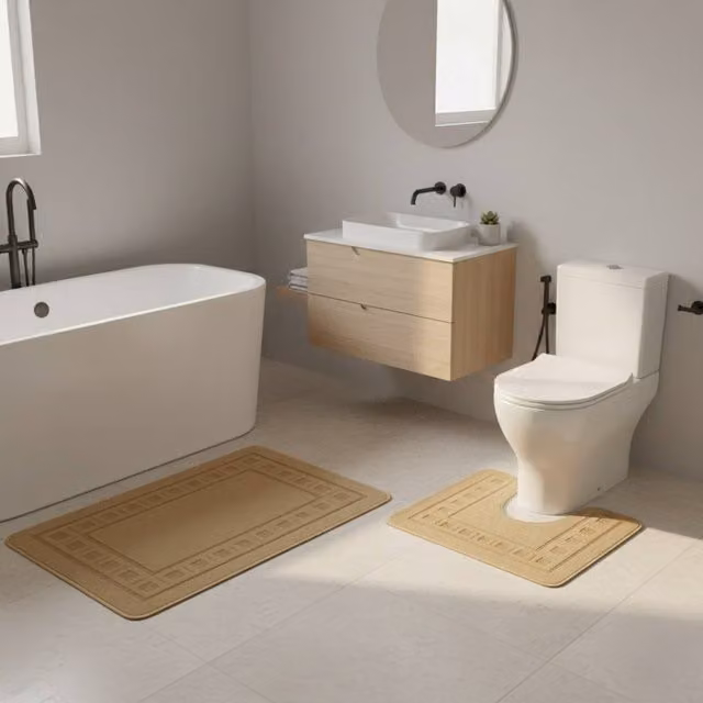 Snug City 2 Piece Box Design Bath Mat Set in Beige, Non-Slip and Quick-Drying, W: 80 cm x D: 50 cm