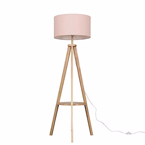 ValueLights Morrigan Modern Wood Tripod Floor Lamp with Pale Pink Fabric Drum Shade and LED Bulb – 1