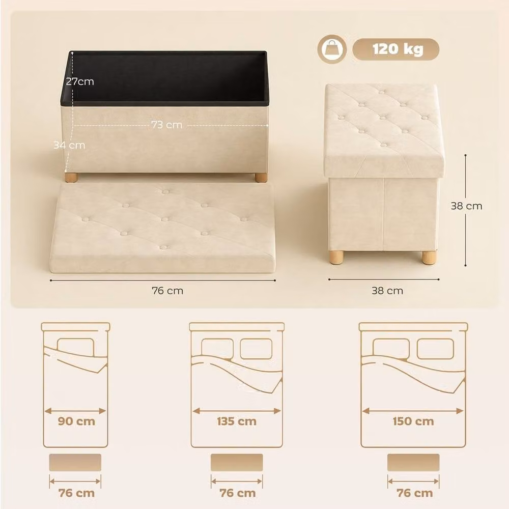 KORVIXA Cream White Storage Ottoman Bench with Beige Upholstered Frame and Wood Legs, W/D/H: 100 x 100 x 100 cm – 2