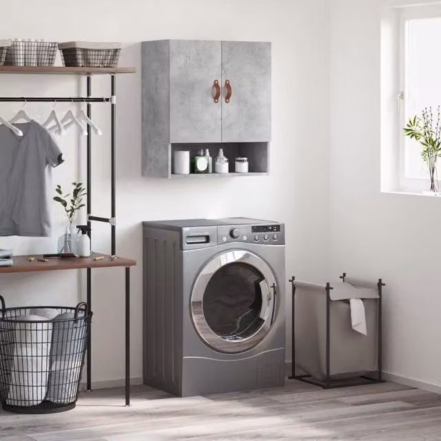 Berkfield Home Wall Mounted Cabinet in Grey MDF with Hinged Doors and Open Shelf, W/D/H: 60 x 31 x 70 cm