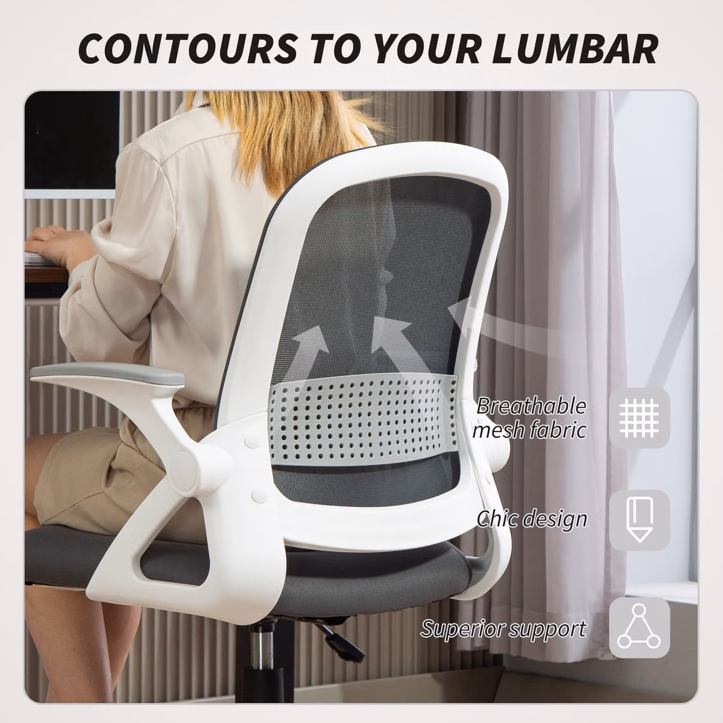 HOMCOM Ergonomic Grey Fabric Mesh Office Chair with Flip-up Armrests and 360 Degree Swivel – 4