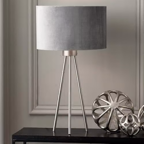 Pacific Lifestyle Art Deco Tripod Table Lamp with Velvet Fabric Lampshade in Silver – 1