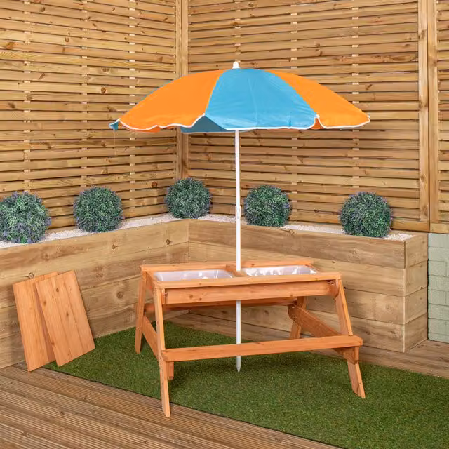 Samuel Alexander Kids Outdoor Wooden Picnic and Activity Table in Brown, Blue and Orange