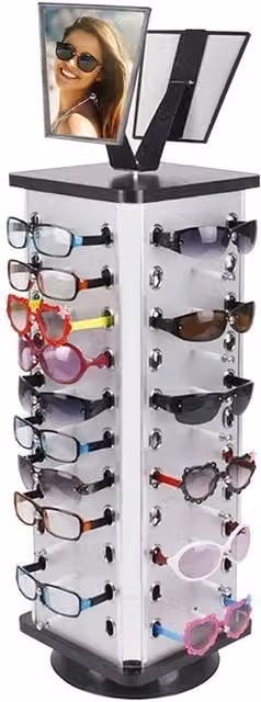NESTLUNE 360 Degree Rotating Sunglasses Display Stand with Mirror in Silver, Capacity 44 Pairs, H 100 cm x W 15 cm x D 15 cm