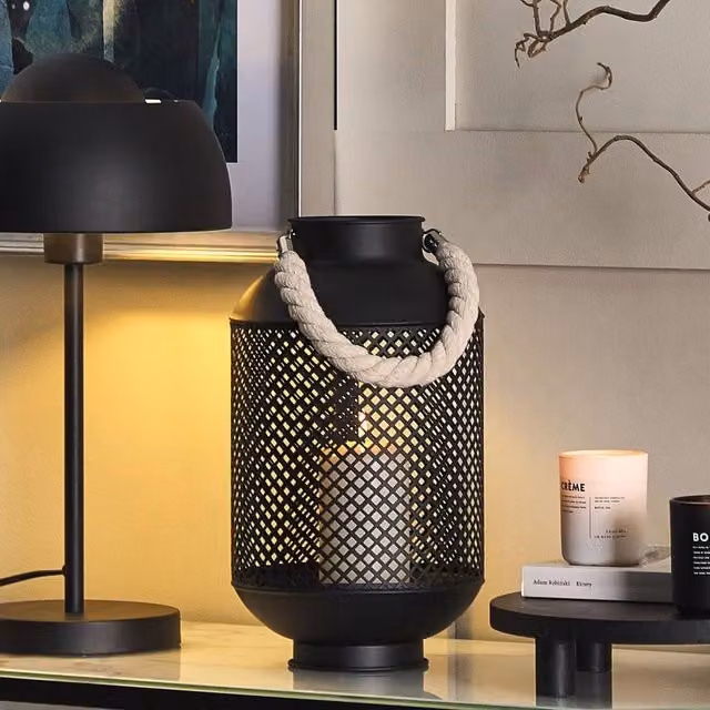 Wyld and Coco Black Metal Lantern with Rope Handle and Openwork Filigree for a Single Candle, H: 34.0 cm, W: 20.0 cm