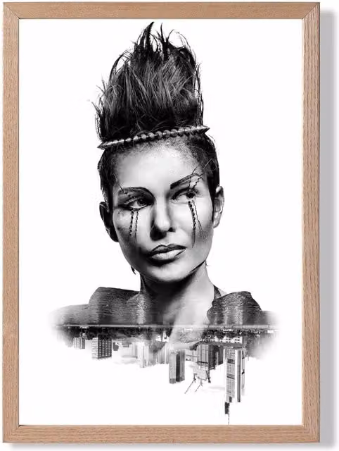 ARTZE Abstract and City Fashion Black and White Framed Photo Print with Oak Wood Frame, A4