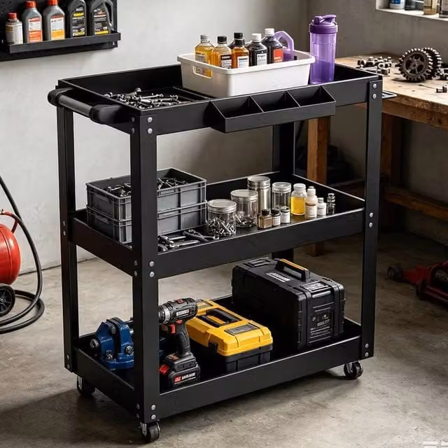 EONLION 3 Tier Metal Tool Storage Garage Trolley Cart in Black