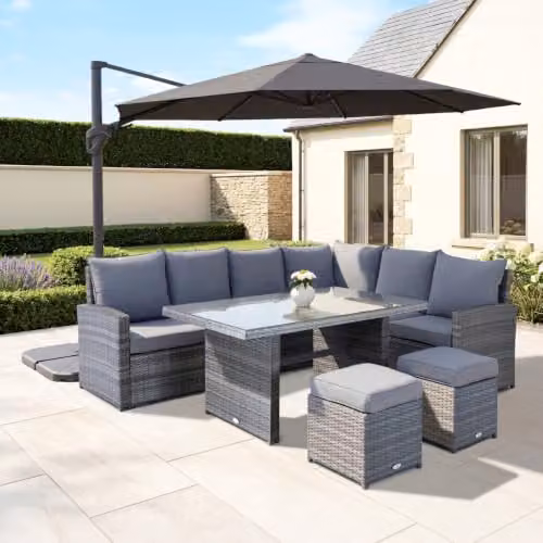 CHARLES BENTLEY 6 Seater L-Shape Rattan Dining Set in Grey with Matching Ottoman and Weatherproof Cushions, W/D/H: 196 x 72 x 87 cm – 3